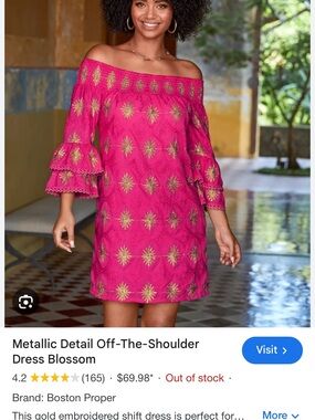 Boston Proper Fuchsia One-Shoulder Dress with Gold Embroidery